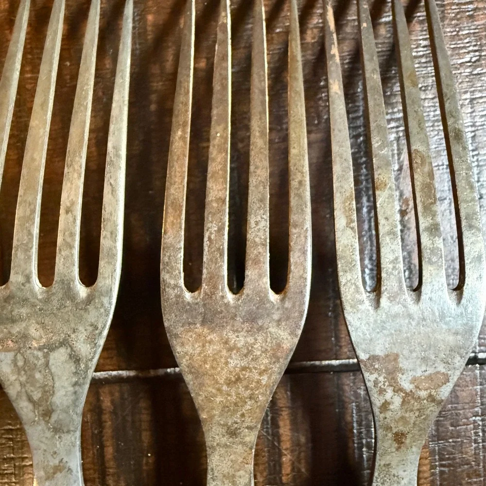 Antique Primitive Bone Handle Forks Set of 3 Pewter Inlay Rustic Flatware 7.25